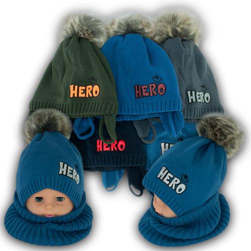 ОПТ Дитячий комплект — шапка з помпоном і шарф для хлопчика, р. 48-50 (5 шт./набір), фото 1