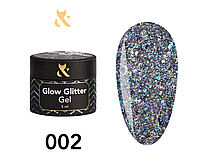 Гліттерний гель F.O.X Glow Glitter Gel 002 шестикутники і дрібні блистки, що переливаються різними про