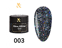 Гліттерний гель F.O.X Glow Glitter Gel 003 голографічне сяйво з блистечками бірюзового кольору, 5 мл