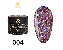 Глітерний гель F.O.X Glow Glitter Gel 004 рожевий з великою кількістю блискіток і дрібних шестигран