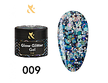 Глітерний гель F.O.X Glow Glitter Gel 009 мікс фіолетових і синіх шестикутників із голографічним