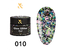 Гліттерний гель F.O.X Glow Glitter Gel 010 дзеркальне сяйво з зелених, рожевих і голографічних шиб