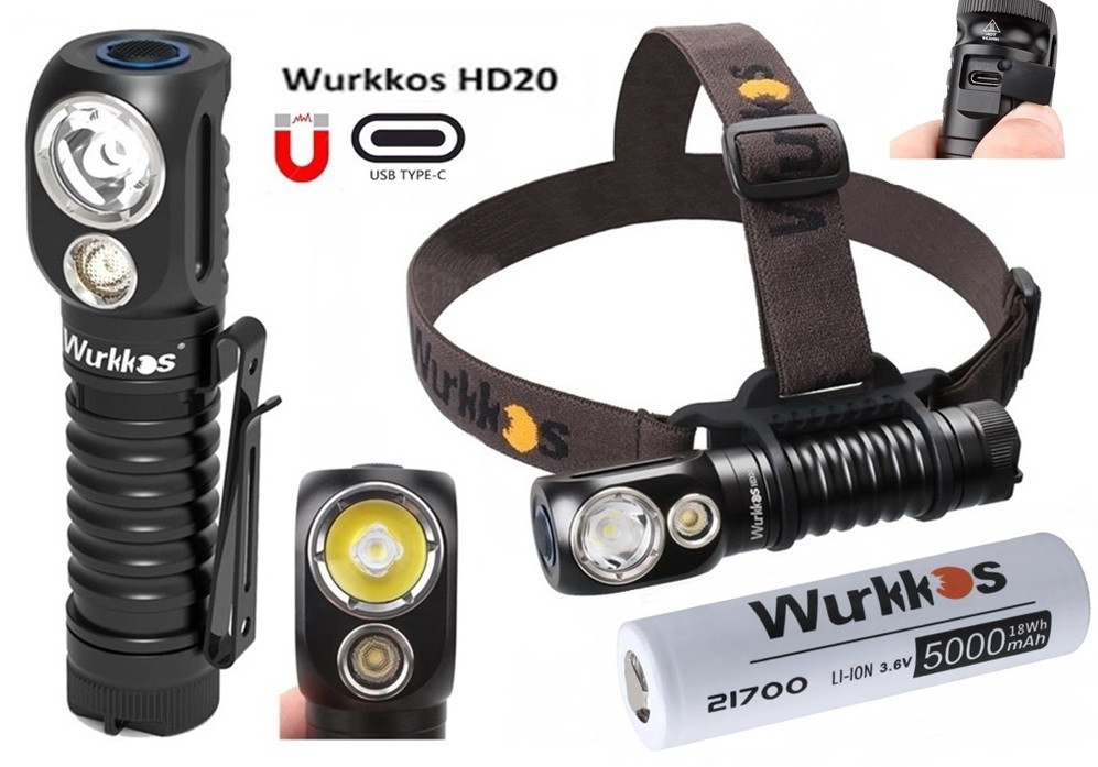Ліхтар WURKKOS HD20 + 5000mAh Акумулятор 21700 (2000LM, Samsung+Cree LED, USB-C, Магніт, NW, PowerBank) Black