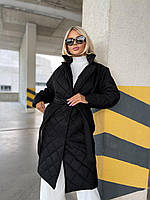 Стильное стеганное пальто на запах с поясом Цвет Мокко, Черный Размер: 42-44 46-48 50-52