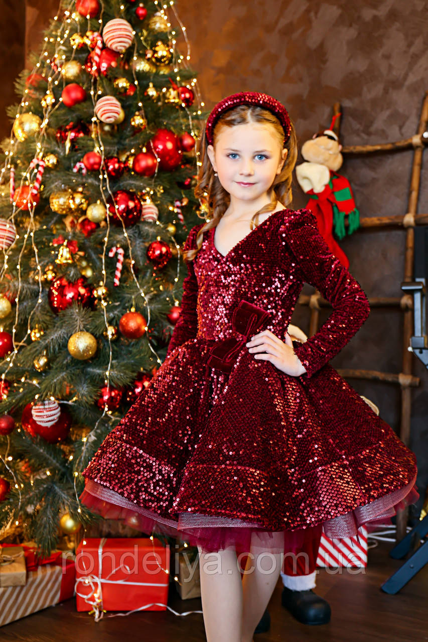 Дитяча сукня оксамит з паєткою бордо на зріст 128-134 см