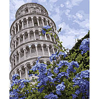 Картина за номерами Strateg ПРЕМІУМ Пізанська вежа з квітами з лаком і рівнем розміром 40х50 см VA-3220