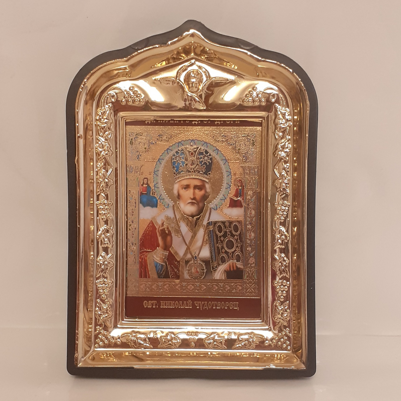 Ікона Миколай Чудотворець святий, лик 6х9, у пластиковій чорній рамці, фото 1