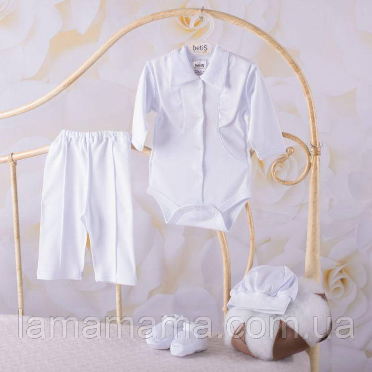 Костюм "Святковий-3" - боді з довгим рукавом, штани, берет, пінетки - Білий Інтерлок BetiS, фото 1