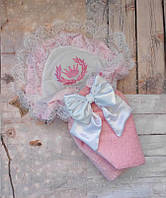 Шикарный демисезонный конверт-одеяло с кружевом на выписку, розовый с вышивкой