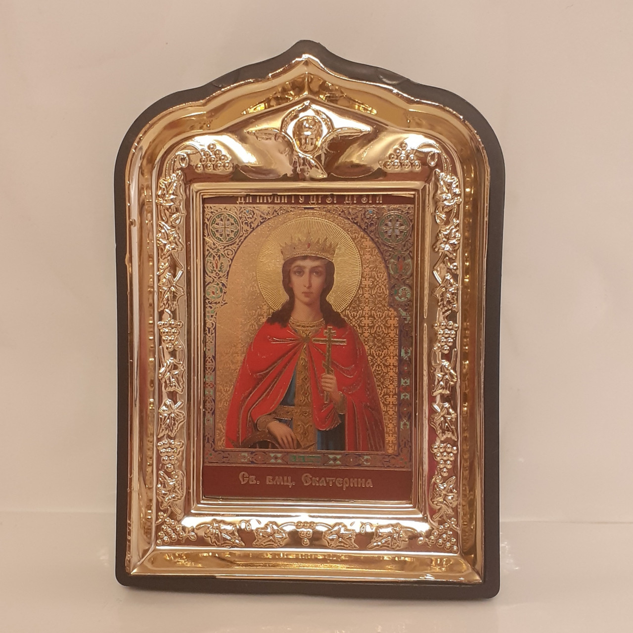 Ікона Катерина свята великомучениця, лик 6х9, у пластиковій чорній рамці, фото 1