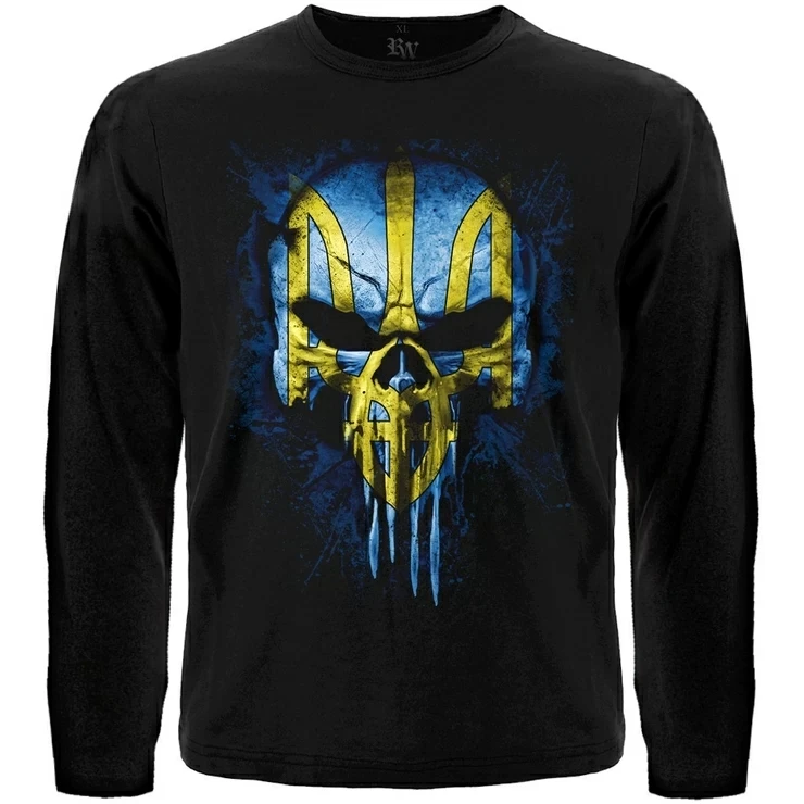 Футболка Череп (Punisher) з тризубом (жовто-блакитний)  |  футболка чоловіча  |  чорна футболка