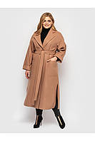 Женское бежевое кашемировое длинное демисезонное пальто свободного стиля больших размеров