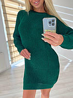 Женское вязаное платье Милана зелёное вязка крупная резинка длина до колена размер единый 42 44 46 тёплое