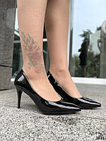 Женские туфли лодочки на высокой шпильке черные лаковая экокожа с острым носиком 38