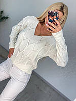 Женский свитер Ромбик молочный с вырезом полушерстяной размер единый 42 44 46