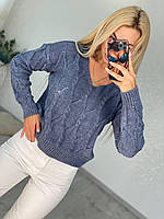 Женский свитер Ромбик синий джинс с вырезом полушерстяной размер единый 42 44 46