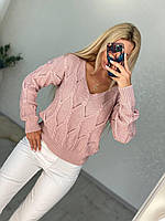 Женский свитер Ромбик розовый с вырезом полушерстяной размер единый 42 44 46