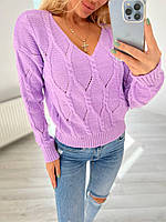 Женский свитер Ромбик сиреневый с вырезом полушерстяной размер единый 42 44 46