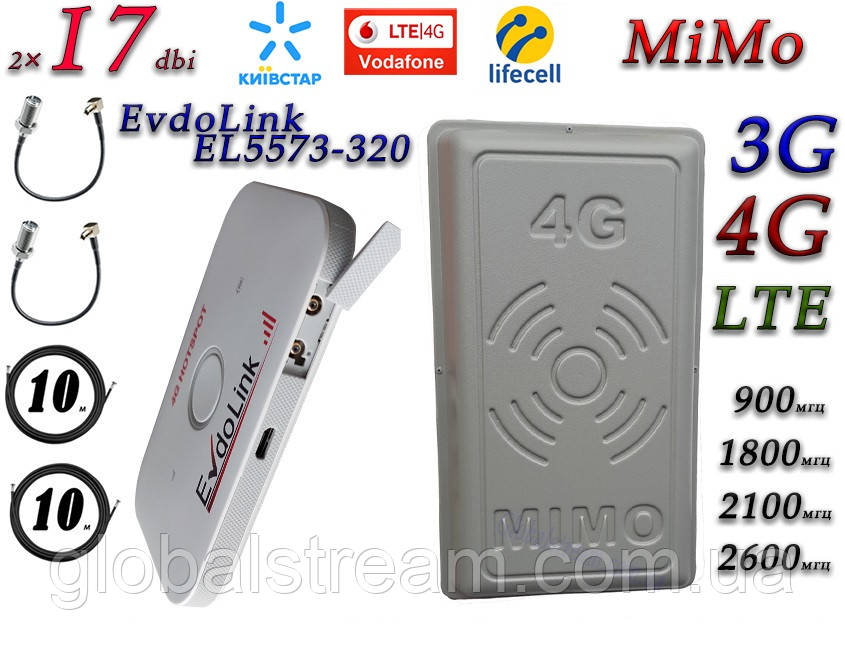 Повний комплект 4G/LTE/3G Wi-Fi Роутер EvdoLink EL5573-320 + MiMo антена 2×17 dbi Київстар, Vodafone, Lifecell, фото 1