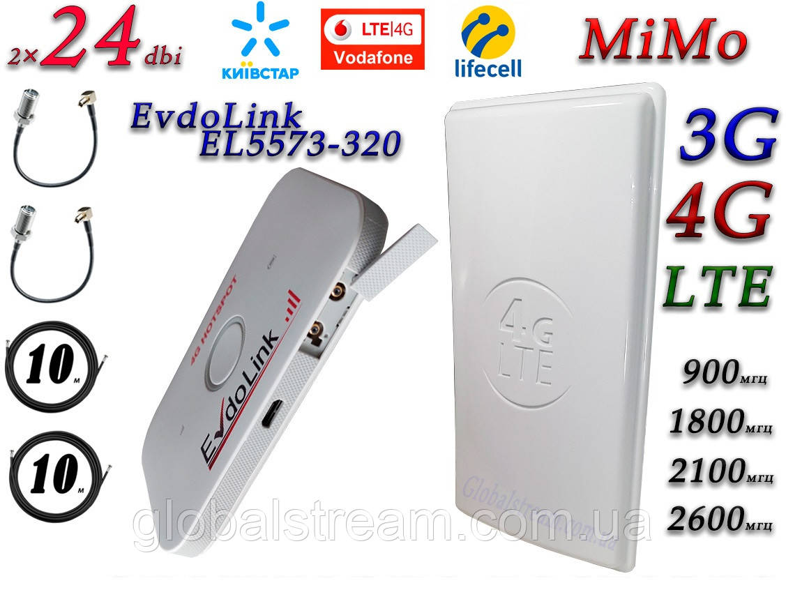 Повний комплект для 4G/LTE/3G з EvdoLink EL5573-320 + Антена планшетна MIMO 2×24dbi (48 дб) 698-2690 МГц, фото 1