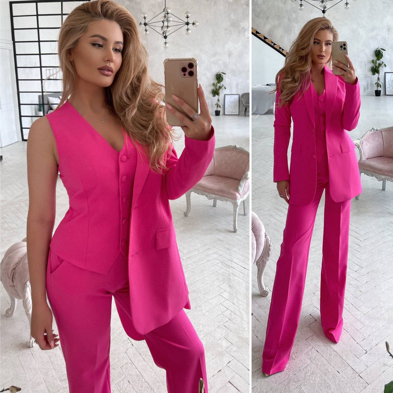 Жіночий класичний костюм Трійка Люкс рожевий (різні кольори) XS S M L