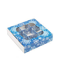 Коробка 120х120х30 (на 9 цукерок) з вікном "Сніг" синя