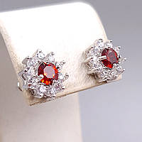 Сережки-гвоздики XР. Родій. Камені: білий та червоний циркон. Діаметр: 10 мм