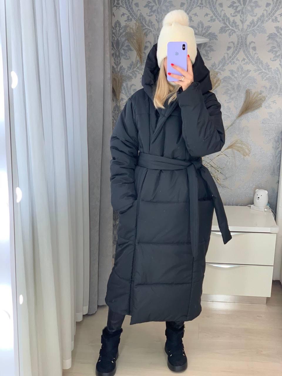 Жіночий довгий зимовий пуховик на запах під пояс у розмірах 42-48 на силіконі 200 і флісовому підкладі, фото 1