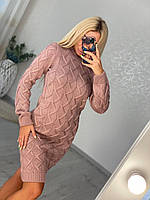 Женское вязаное платье Зигзаг розовое полушерстяное длина до колена размер единый 42 44 46