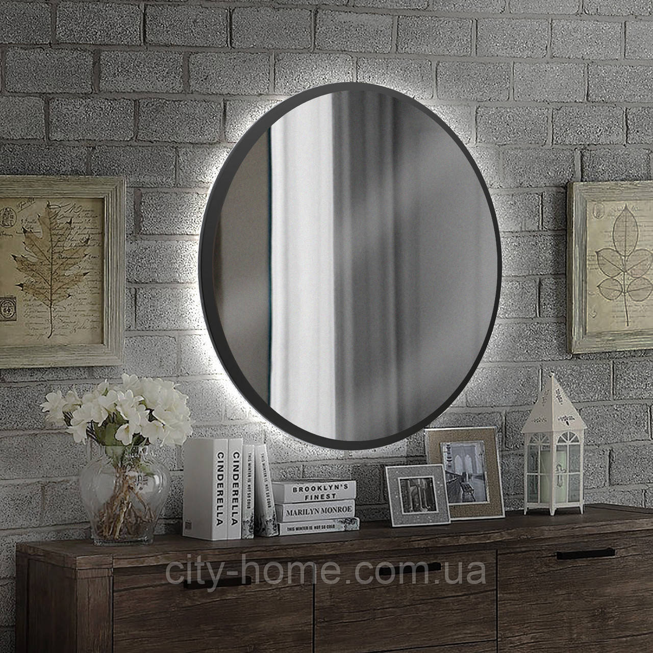 Дзеркало 60 х 60 см настінне з білим підсвічуванням кругле на основі ЛДСП (ZL3 чорний)