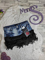 Женская джинсовая юбка Kikiriki синяя c черными оборками из гипюра Размеры в наличии 44, 46