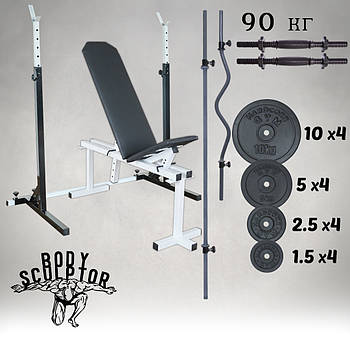 Комплект: лавка, стійки, штанга пряма та з W-подібним грифом та гантелі 90 кг Граніліт