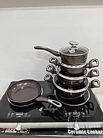 Набор кастрюль со сковородой для кухни гранит круглый ( 9 предметов) НК-313 кофе