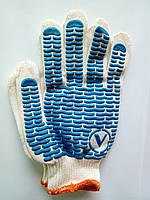 VULKAN Рукавички трикотажні Хвиля, білі з голубим ПВХ (30%пэ 70%х/б) 10р. 8410