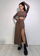 Костюм женский модный топ с длинным рукавом и завязками на талии юбка миди с разрезом разные цвета Kb1426
