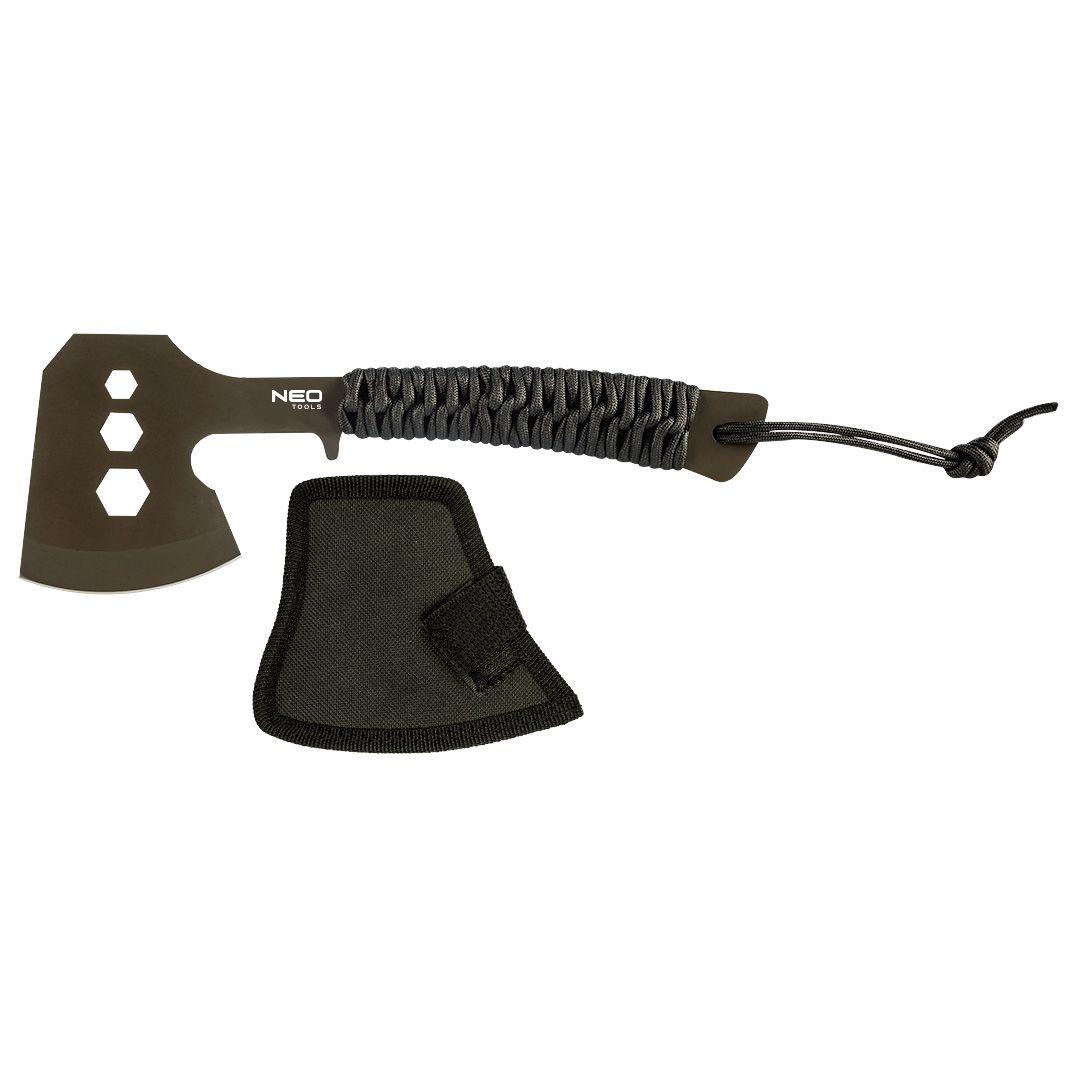 Neo Tools63-118 Сокира туристична, 26см, лезо 8см, 3Cr13, ручка з паракорду, нейлоновий чохол, 3 отвори для - фото 1 - id-p1680890013