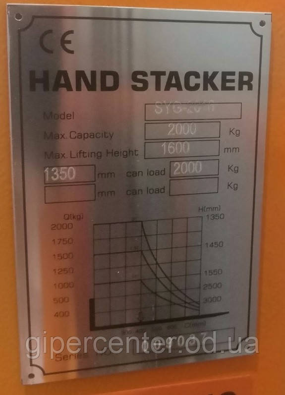 VULKAN Штабелер гідравлічний 2000кг, підйом-1,6м, довжина вил 1,1м, колір-червоний