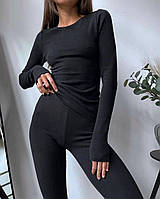Женский утепленный черный костюм вискоза на флисе (лонгслив и леггинсы) женское термобелье, в размерах