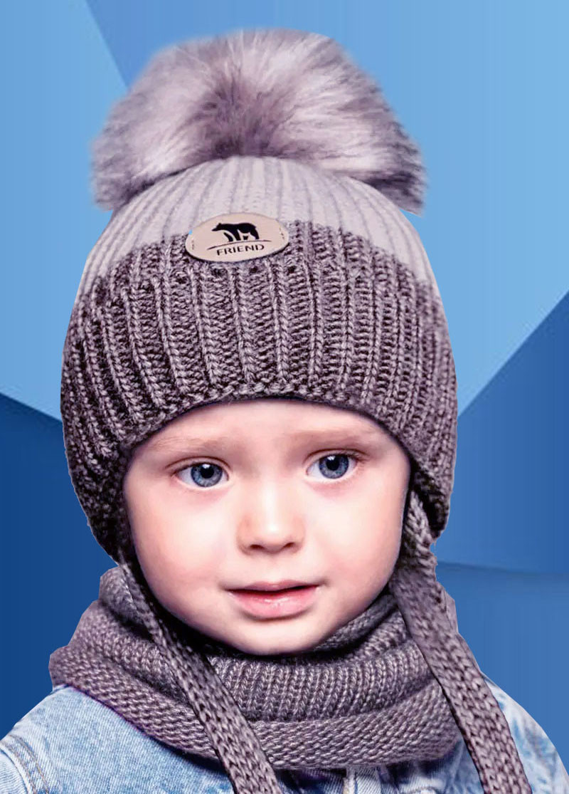 Теплий дитячий комплект капучіно хлопчику 1 2 3 4 роки: зимова шапка на флісовій підкладці + в'язаний снуд хомут