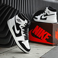 Мужские кроссовки Nike Air Jordan 1 Retro (чёрные с белым) высокие осенние кеды 1392 топ