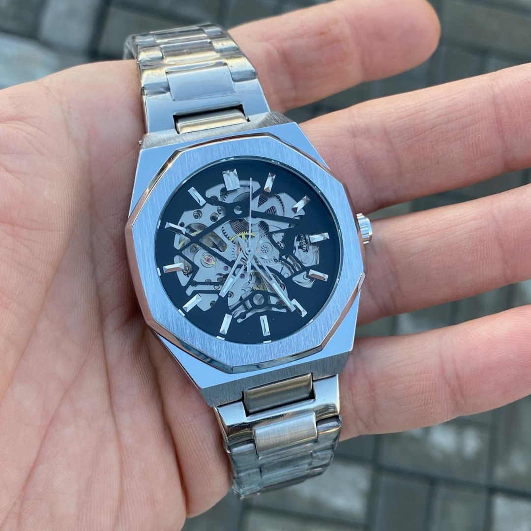 Чоловічий механічний годинник Gusto Skeleton Silver Срібний сталевий годинник