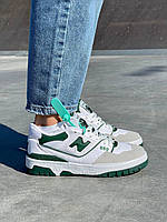 Женские кроссовки New Balance 550 Green Logo (белые с зелёным и бежевым) спортивные деми кроссы L0606 топ