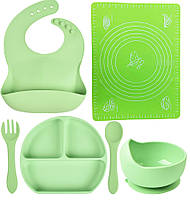 НаборY3 силиконовая тарелка,слюнявчик,круглая тарелка для первых блюд, ложка, вилка, коврик Зеленый (vol-9831)