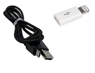 Набір Кабель USB-microUSB тканинний Black і Адаптер Lightning 8 (n-1015)