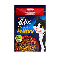 Вологий корм Felix Sensations для котів із яловичиною в желе з томатами 85г (7613039831724)