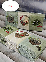 Махровые полотенца, для кухни, с вышивкой в зеленых оттенках, набор 6 шт, Турция
