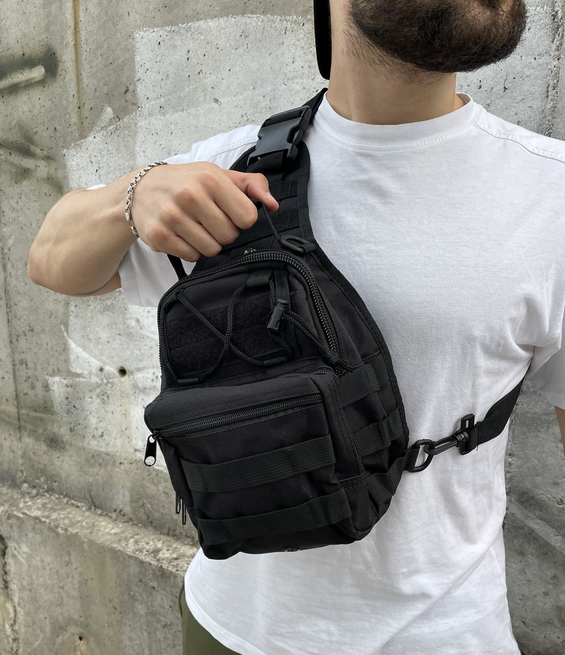 Сумка слінг чоловіча тактична bass чорна сумка через плече тканинна месенджер