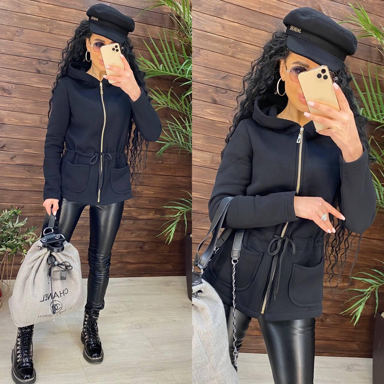 Жіноча утеплена кофта толстовка на флісі з капюшоном і кулискою на поясі (р.42-48) 11KF2048, фото 1