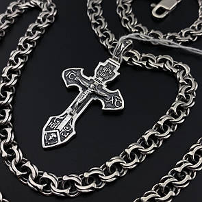 Срібна масивна чоловіча цепочка з хрестиком з жорстким вушком. Освячений хрест Спаси Сохрани та ланцюг, 60 см
