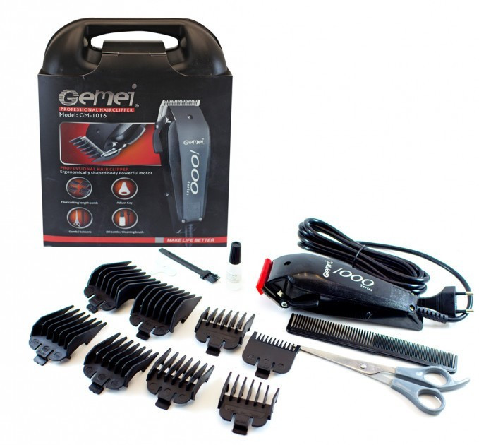 Машинка для стриження дротова з насадками для волосся й бороди Gemei GM-1016 Pro Black + Ножиці та Гребінець